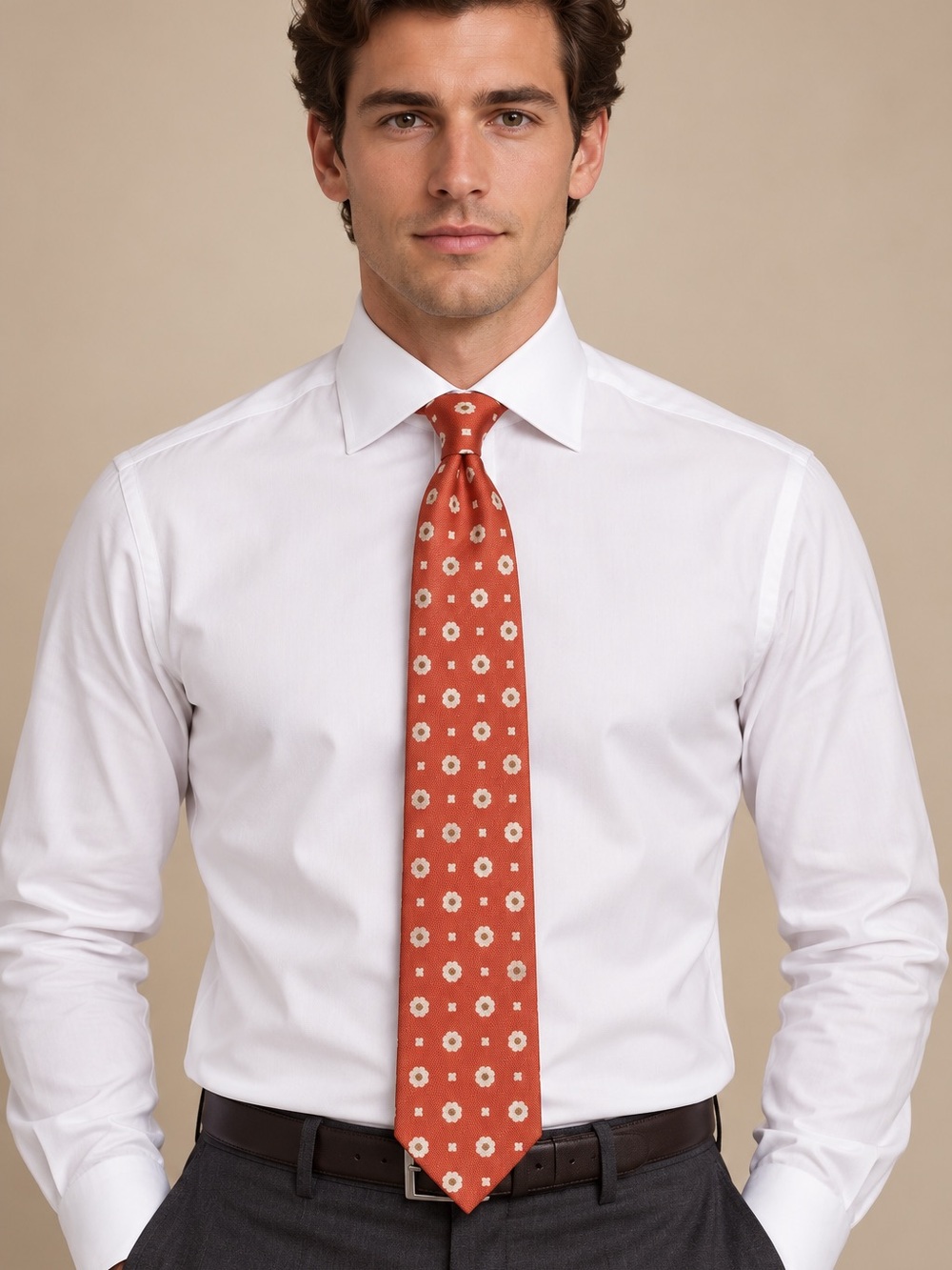 Private Label Luxury Burnt Orange Floral Medallion Silk Tie